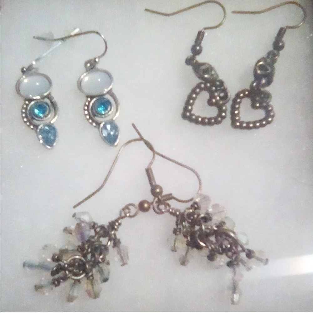 Set of 3 Boho Drop Earrings Blue Faux Stone Heart Crystal Clusters Bronze Silver